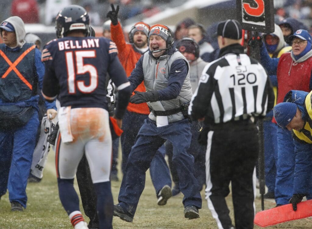 Dec 24, 2017; Chicago, IL, USA; Chicago Bears head coach John Fox reacts after a play against the Cleveland Browns during the second half at Soldier Field.