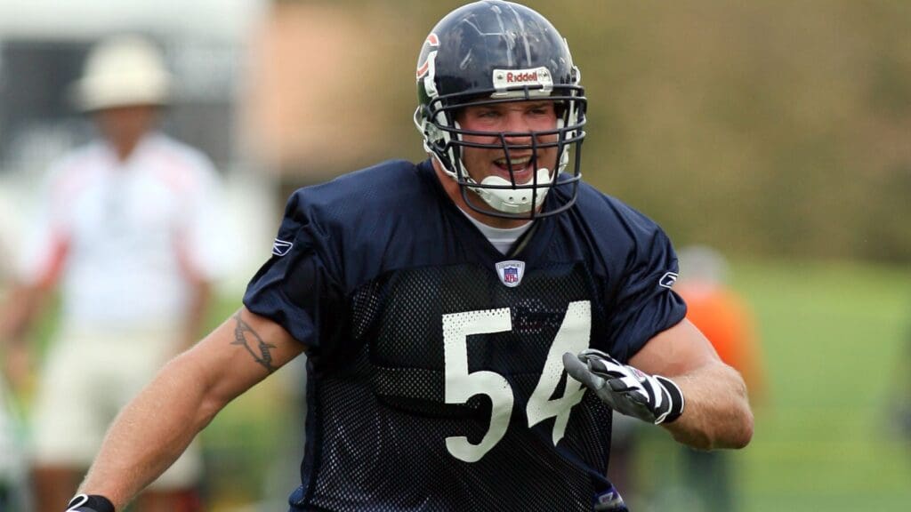 July 26, 2006; Bourbonnais, IL, USA; Chicago Bears middle linebacker Brian Urlacher (54) chases a ball carrier during training camp at Olivet Nazarine University in Bourbonnais, IL