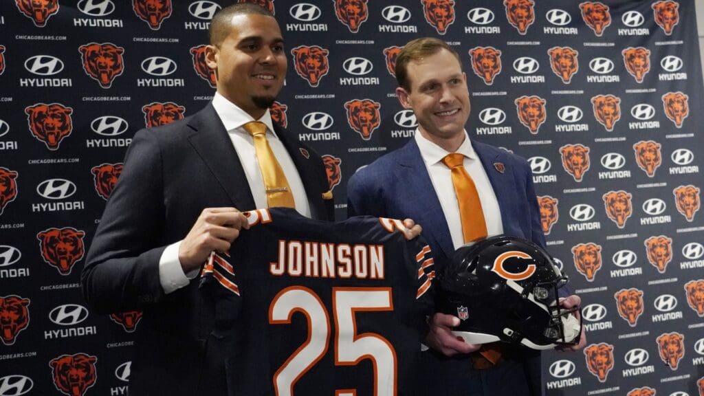 Jan 22, 2025; Lake Forest, IL, USA; Chicago Bears new head coach Ben Johnson (right) with general manager Ryan Poles pose for photos after a press conference introducing him at PNC Center.
