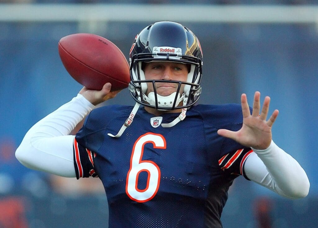 Aug 28, 2010; Chicago, IL, USA; Chicago Bears quarterback Jay Cutler (6) warms up prior to a preseason game against the Arizona Cardinals at Soldier Field.