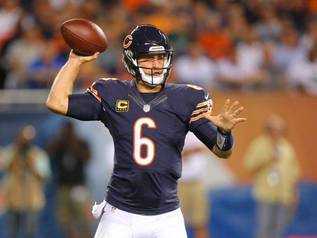 Sep 19, 2016; Chicago, IL, USA; Chicago Bears quarterback Jay Cutler (6) throws the ball during the second quarter against the Philadelphia Eagles at Soldier Field.