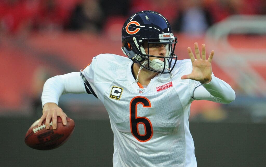 October 23, 2011; London, ENGLAND; Chicago Bears quarterback Jay Cutler (6) warms up before the NFL International Series game against the Tampa Bay Buccaneers at Wembley Stadium. The Bears defeated the Buccaneers 24-18.