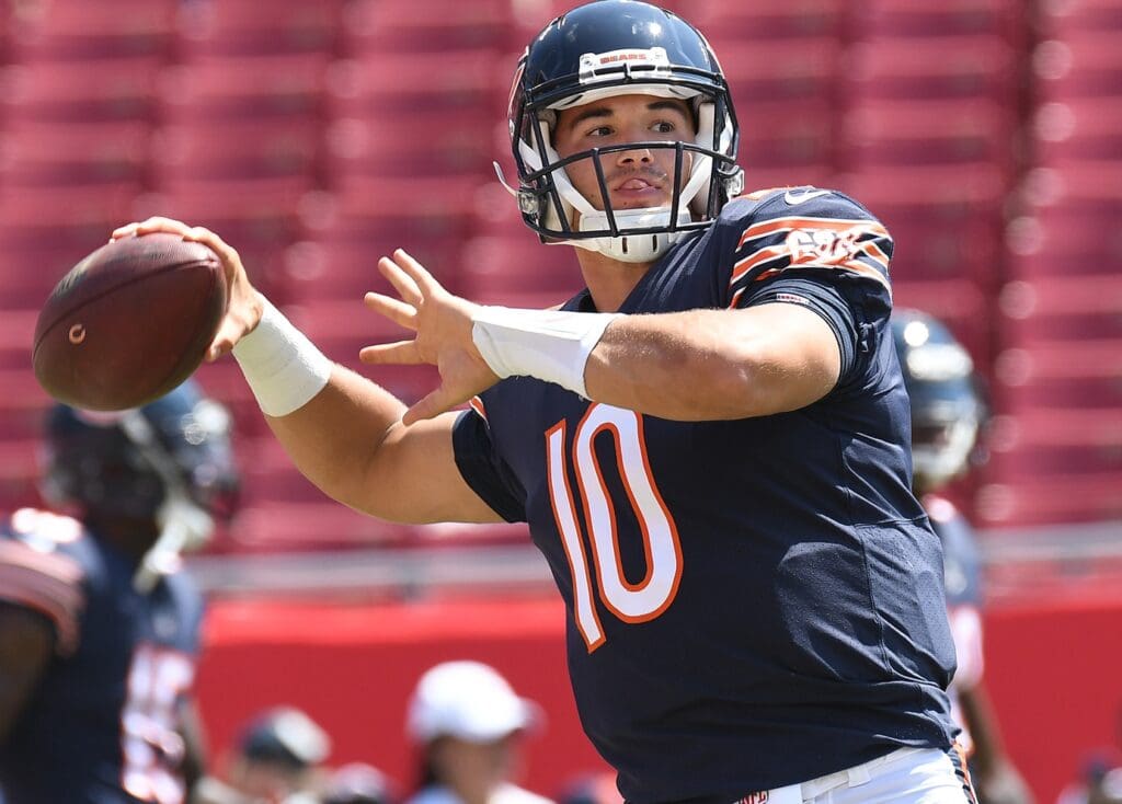 Sep 17, 2017; Tampa, FL, USA; Chicago Bears quarterback Mitch Trubisky (10) warms up before the start of the game against the Tampa Bay Buccaneers at Raymond James Stadium