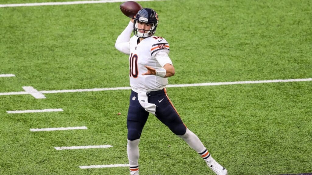 Dec 20, 2020; Minneapolis, Minnesota, USA; Chicago Bears quarterback Mitchell Trubisky (10) throws a pass during the second quarter against the Minnesota Vikings at U.S. Bank Stadium