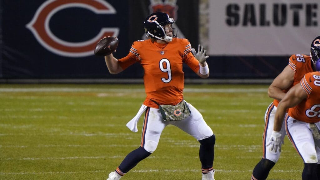 Nov 16, 2020; Chicago, Illinois, USA; Chicago Bears quarterback Nick Foles (9) drops back to pass against the Chicago Bears during the third quarter at Soldier Field.