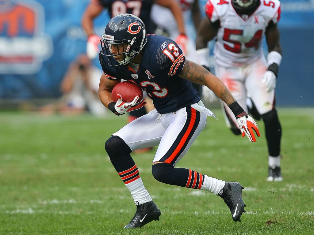 Sep 11, 2011; Chicago, IL, USA; Chicago Bears wide receiver Johnny Knox (13) with the ball in the second quarter against the Atlanta Falcons at Soldier Field