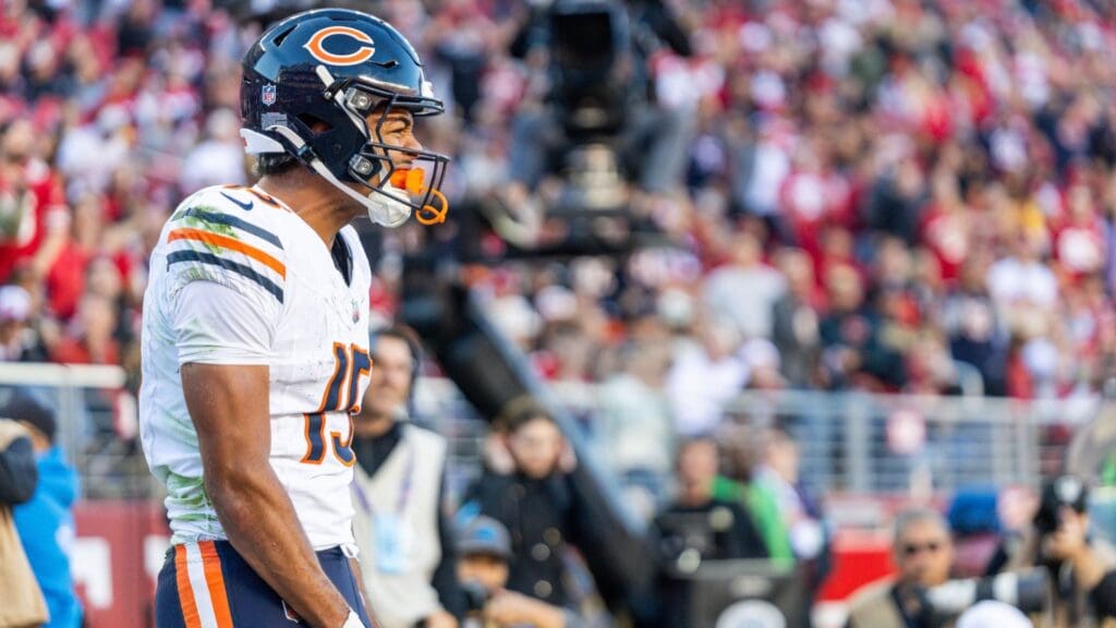 Dec 8, 2024; Santa Clara, California, USA; Chicago Bears wide receiver Rome Odunze (15) celebrates a touchdown during the third quarter against the San Francisco 49ers at Levi's Stadium