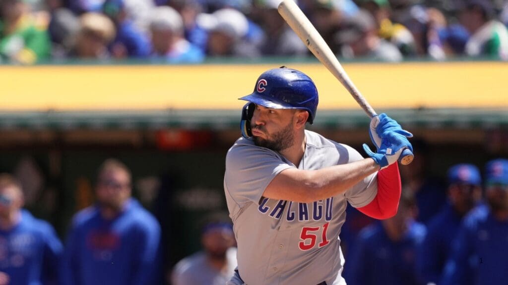 Apr 19, 2023; Oakland, California, USA; Chicago Cubs first baseman Eric Hosmer (51) bats against the Oakland Athletics during the sixth inning at Oakland-Alameda County Coliseum.