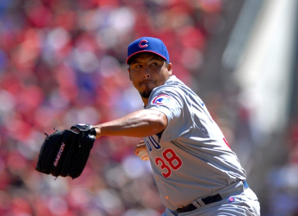 Apr 2, 2007; Cincinnati, OH, USA; Chicago Cubs pitcher (38) Carlos Zambrano pitches in the first inning on opening day against the Cincinnati Reds at Great American Ballpark in Cincinnati, OH.