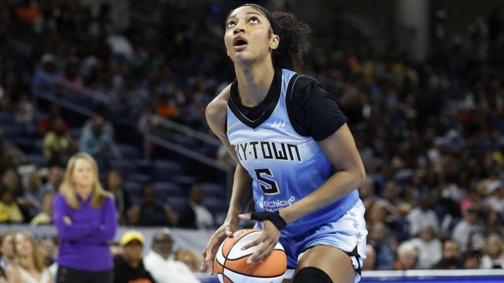 Jun 24, 2025; Chicago, Illinois, USA; Chicago Sky forward Angel Reese (5) goes to the basket against the Los Angeles Sparks during the first half at Wintrust Arena.