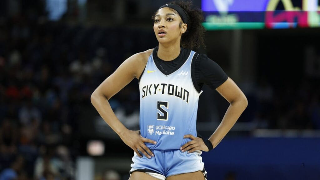 Jun 24, 2025; Chicago, Illinois, USA; Chicago Sky forward Angel Reese (5) looks on during the first half at Wintrust Arena.