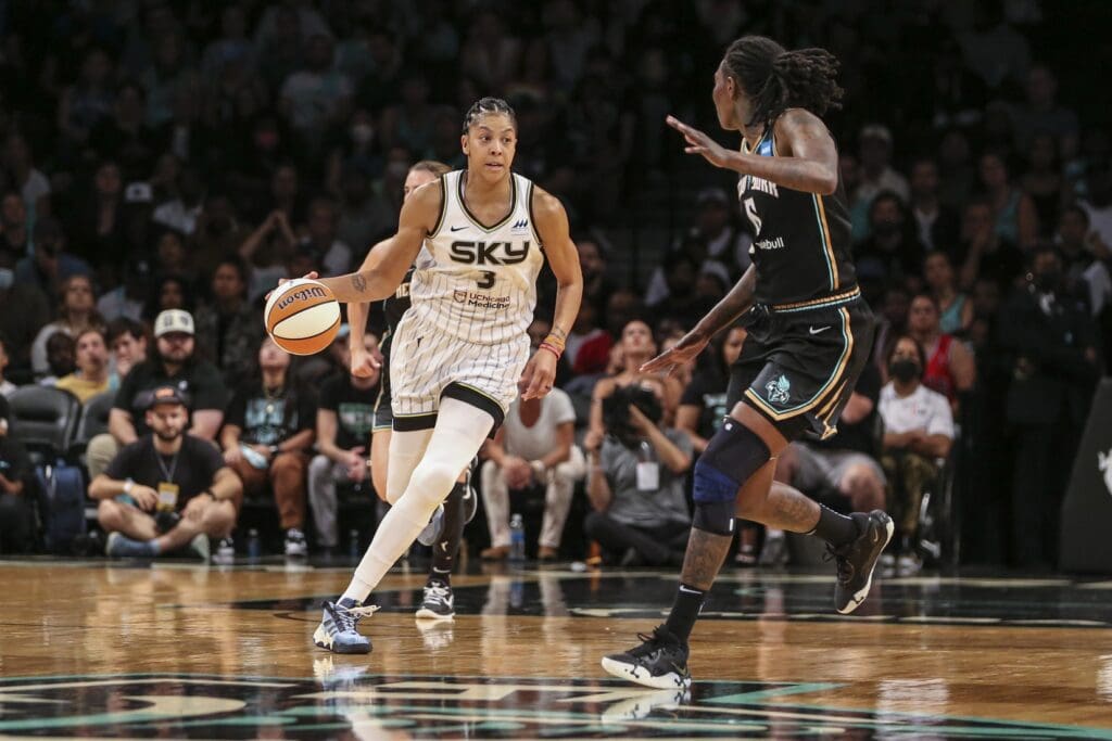 Aug 23, 2022; Brooklyn, New York, USA; Chicago Sky forward Candace Parker (3) looks to drive past New York Liberty forward Natasha Howard (6) in the third quarter at Barclays Center.
