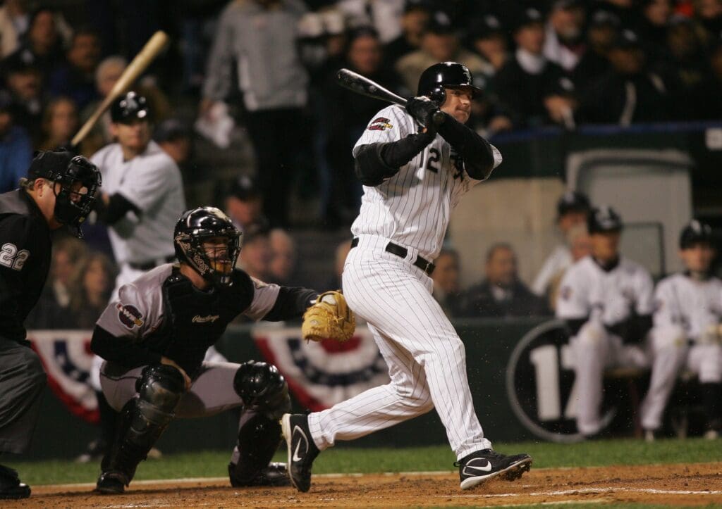 Oct 22, 2005; Chicago, IL, USA; Chicago White Sox catcher (12) A.J. Pierzynski drives in a run on a fielders choice in the 2nd inning during game 1 of the World Series against the Houston Astros at US Cellular Field in Chicago, IL.