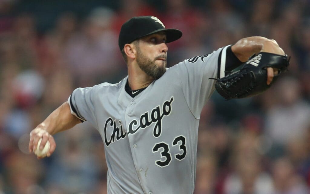 Chicago White Sox starting pitcher James Shields (33) delivers a pitch against the Cleveland Indians during the first inning at Progressive Field.