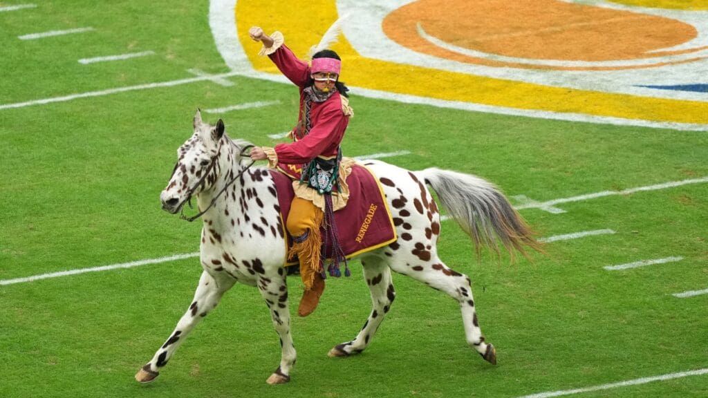 Florida State Seminoles mascot Chief Osceola and Renegade take the field before the game in the 2023 Orange Bowl against the Georgia Bulldogs at Hard Rock Stadium