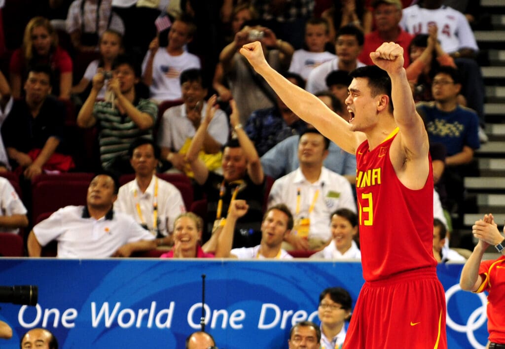 Aug. 10, 2008; Beijing, CHINA; China center Yao Ming (13) reacts during the second half of the mens basketball preliminary game between the USA and China at the Beijing Olympic Basketball Stadium in the 2008 Beijing Olympics. USA defeated China 101-70.