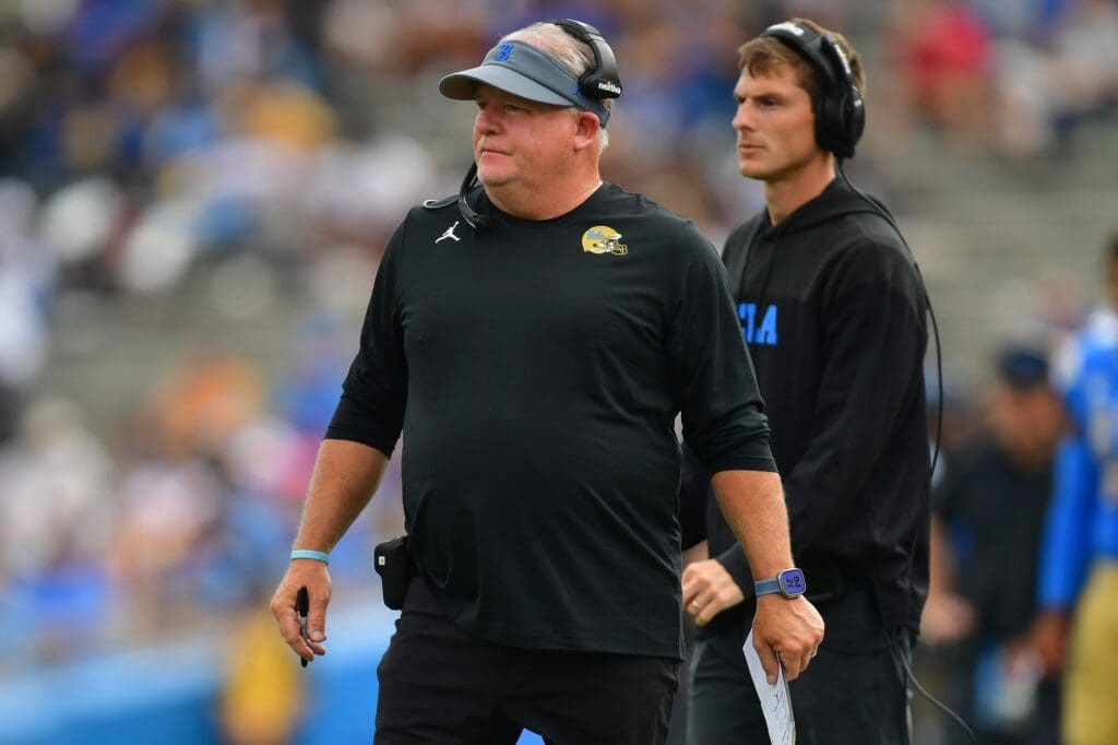 Sep 16, 2023; Pasadena, California, USA; UCLA Bruins head coach Chip Kelly watches game action against the North Carolina Central Eagles during the second half at Rose Bowl
