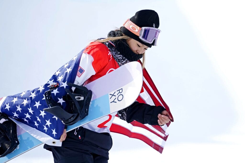Feb 10, 2022; Zhangjiakou, China; Chloe Kim (USA) celebrates winning the gold medal in the Women s Snowboarding Halfpipe Final during the Beijing 2022 Olympic Winter Games at Genting Snow Park.