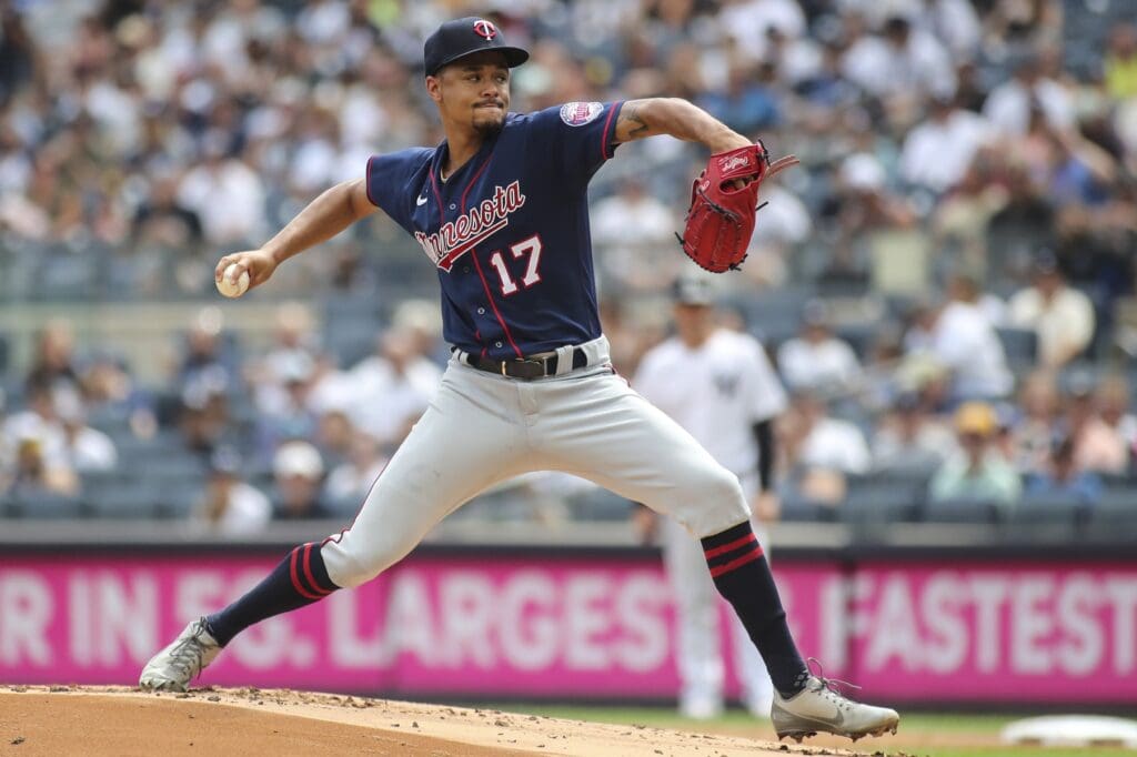 Sep 5, 2022; Bronx, New York, USA; Minnesota Twins starting pitcher Chris Archer (17) pitches in the first inning against the New York Yankees at Yankee Stadium.