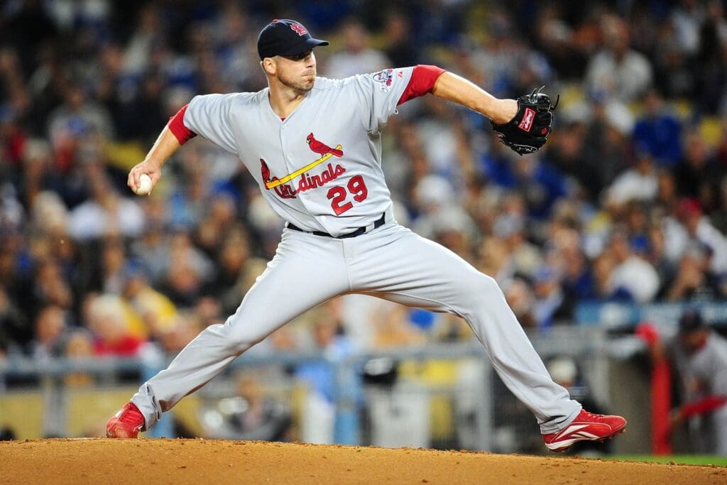 October 7, 2009; Los Angeles, CA, USA; St. Louis Cardinals starting pitcher Chris Carpenter (29) pitches in the third inning against the Los Angeles Dodgers during game one of the 2009 NLDS at Dodger Stadium.