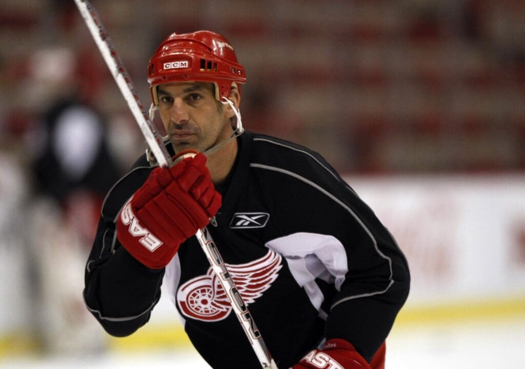 May 16, 2008; Detroit, MI, USA; Detroit Red Wings defenseman Chris Chelios (24) skates during the Detroit Red Wings morning skate prior to game five of Western Conference finals at Joe Louis Arena.