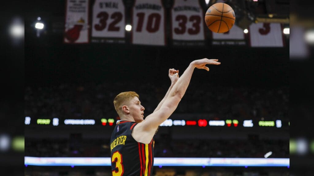 Jan 14, 2022; Miami, Florida, USA; Atlanta Hawks guard Chris Clemons (3) shoots the ball against the Miami Heat during the third quarter at FTX Arena.