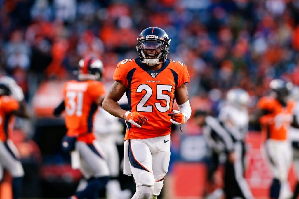 Dec 29, 2019; Denver, Colorado, USA; Denver Broncos cornerback Chris Harris Jr. (25) in the third quarter against the Oakland Raiders at Empower Field at Mile High.