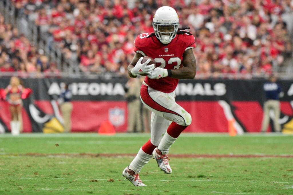 Oct 1, 2017; Glendale, AZ, USA; Arizona Cardinals running back Chris Johnson (23) runs the ball during the second half against the San Francisco 49ers at University of Phoenix Stadium.