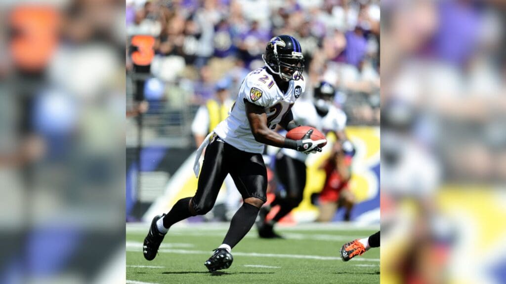 Sept 7, 2008; Baltimore, MD, USA; Baltimore Ravens cornerback Chris McAlister (21) carries the ball after an interception in the first half against the Cincinnati Bengals at M&T Bank Stadium.
