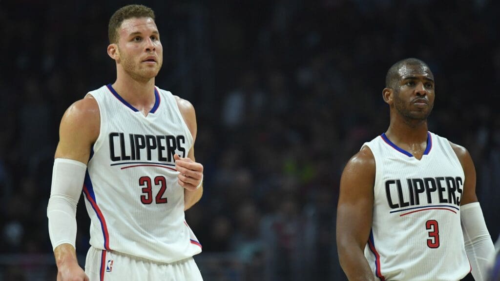 Apr 12, 2017; Los Angeles, CA, USA; Los Angeles Clippers forward Blake Griffin (32) and guard Chris Paul (3) react during a NBA basketball game against the Sacramento Kings at Staples Center. The Clippers defeated the Kings 115-95.