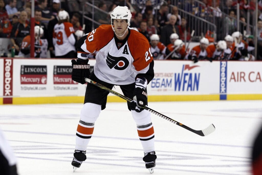 Oct 3, 2009; Newark, NJ, USA; Philadelphia Flyers defenseman Chris Pronger (20) during the first period of their game against the New Jersey Devils at the Prudential Center.