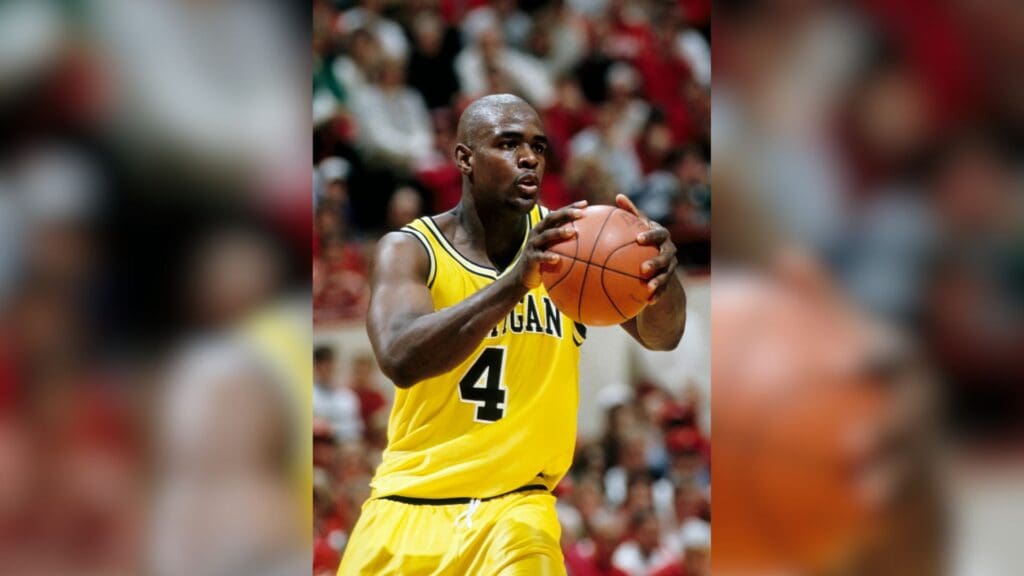 Unknown date & location, USA; FILE PHOTO; Michigan Wolverines guard Chris Webber (4) against the Indiana Hoosiers.