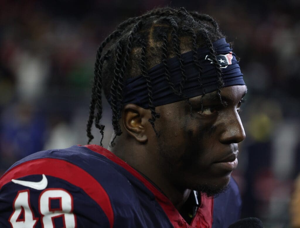 Jan 13, 2024; Houston, Texas, USA;Houston Texans linebacker Christian Harris (48) talks to the media after the Texans played the Cleveland Browns in a 2024 AFC wild card game at NRG Stadium.