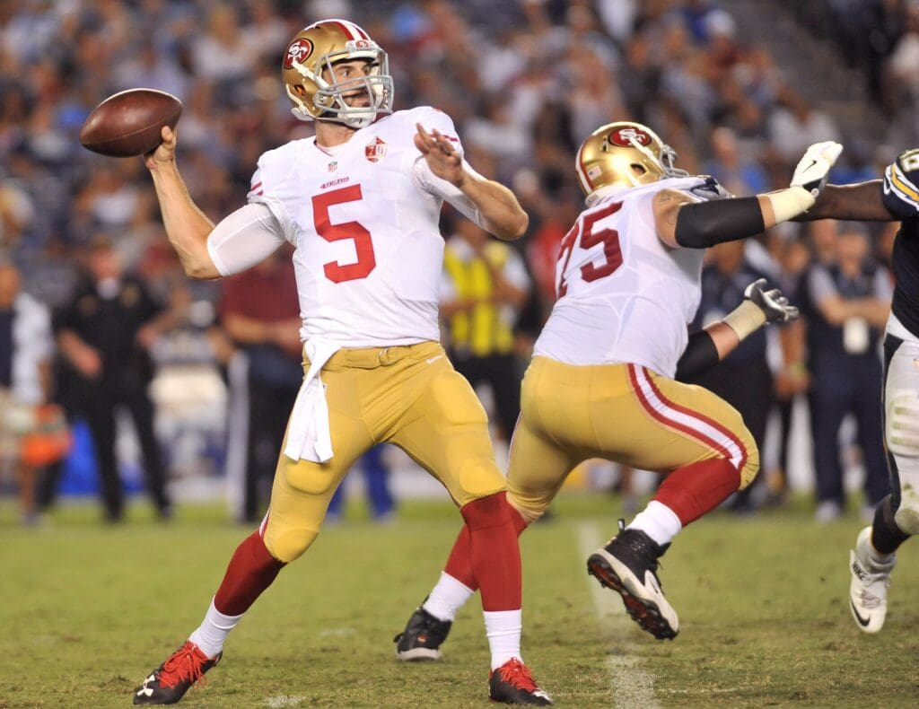 Sep 1, 2016; San Diego, CA, USA; San Francisco 49ers quarterback Christian Ponder (5) throws a pass during the second half of the game against the San Diego Chargers at Qualcomm Stadium. San Francisco won 31-21.