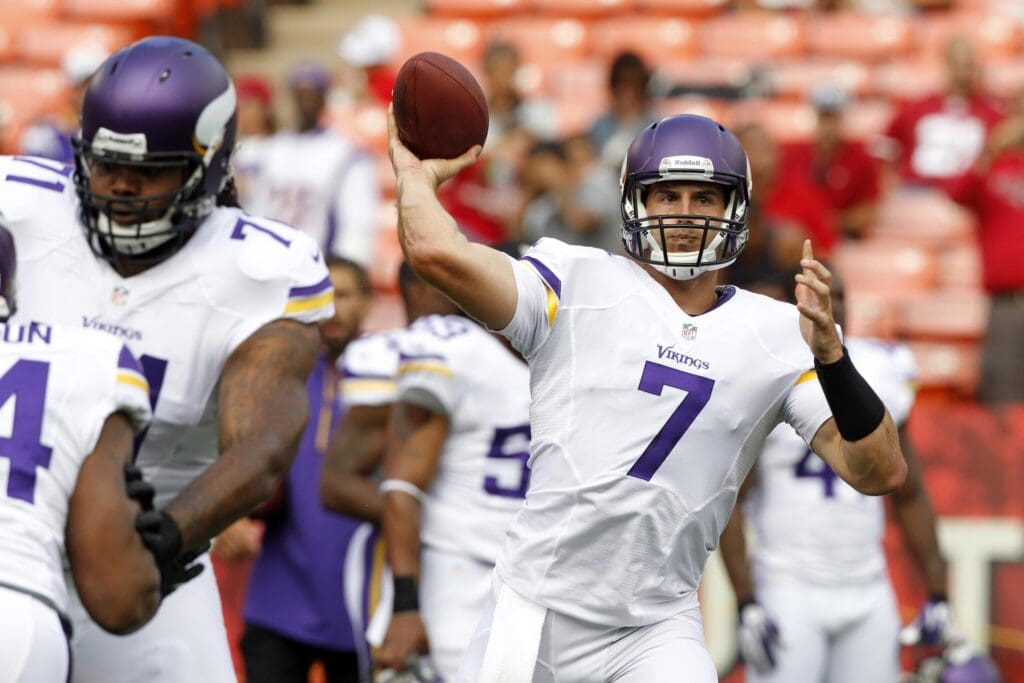 Aug 25, 2013; San Francisco, CA, USA; Minnesota Vikings quarterback Christian Ponder (7) warms up before the start of the game against the San Francisco 49ers at Candlestick Park.