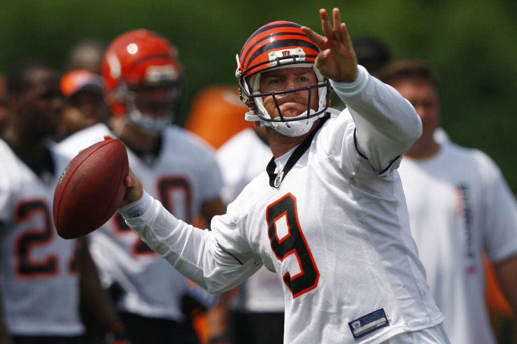 Jun 19, 2009; Cincinnati, OH, USA; Cincinnati Bengal quarterback Carson Palmer (9) passes during the mandatory mini camp at the Bengals Practice Facility Cincinnati, OH.