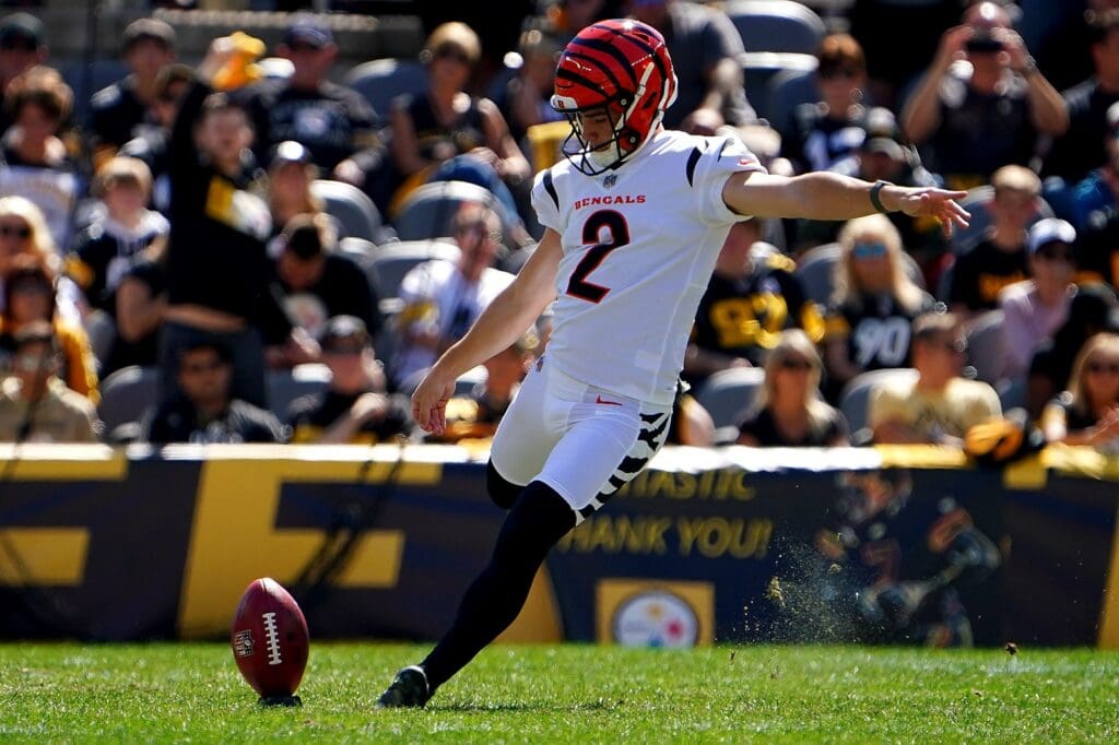 Cincinnati Bengals kicker Evan McPherson (2) kicks the ball off in the first quarter during a Week 3 NFL football game against the Pittsburgh Steelers, Sunday, Sept. 26, 2021, at Heinz Field in Pittsburgh.
Cincinnati Bengals At Pittsburgh Steelers Sept 26