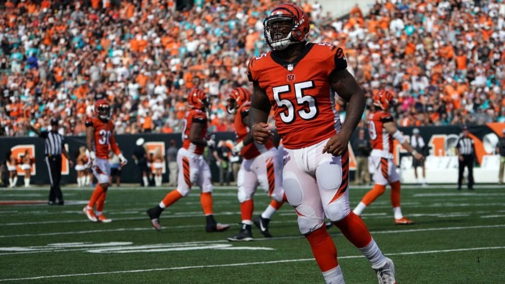 Oct 7, 2018; Cincinnati, OH, USA; Cincinnati Bengals linebacker Vontaze Burfict (55) reacts to a defensive play against the Miami Dolphins in the second half at Paul Brown Stadium.