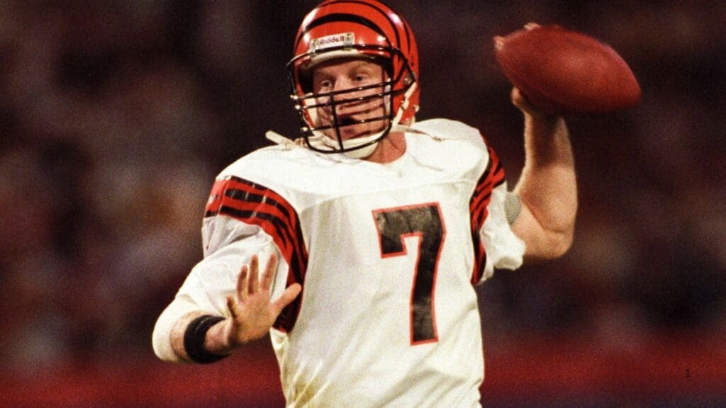 Jan 22, 1989; Miami, FL, USA; FILE PHOTO; Cincinnati Bengals quarterback Boomer Esiason (7) in action against the San Francisco 49ers during Super Bowl XXIII at Joe Robbie Stadium. The 49ers defeated the Bengals 20-16.