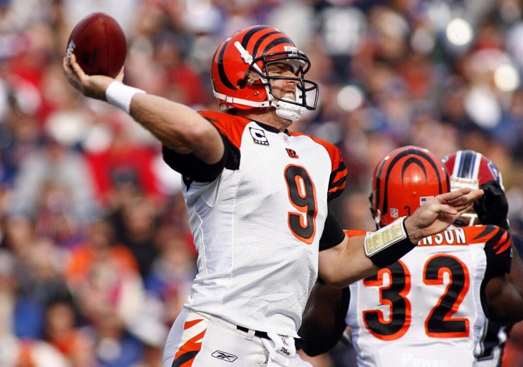 November 4, 2007; Orchard Park, NY, USA; Cincinnati Bengals quarterback Carson Palmer (9) throws against the Buffalo Bills during the first half at Ralph Wilson Stadium.