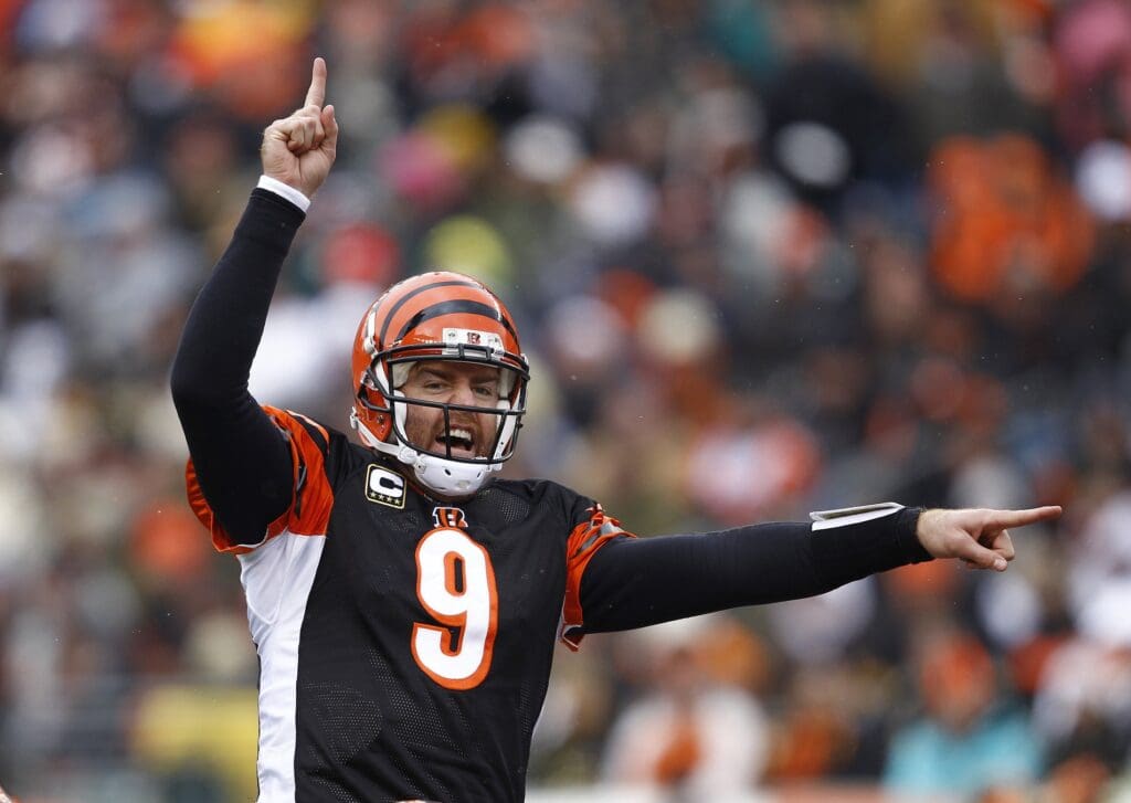 Dec 5, 2010; Cincinnati, OH, USA; Cincinnati Bengals quarterback Carson Palmer (9) calls a signal at the line during the first half against the New Orleans Saints at Paul Brown Stadium.