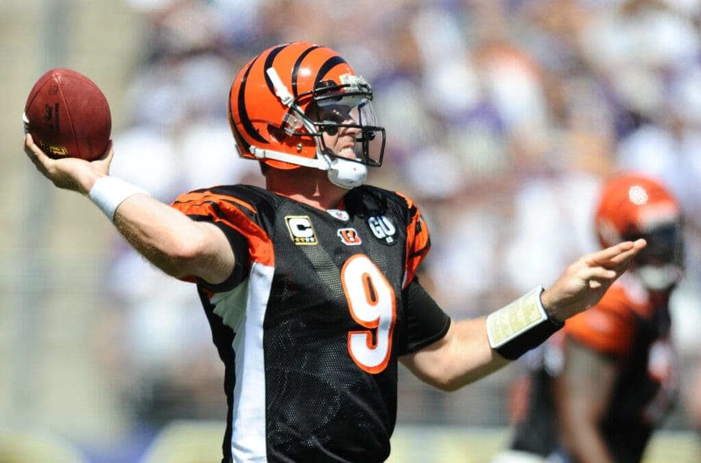 Sept 7, 2008; Baltimore, MD, USA; Cincinnati Bengals quarterback Carson Palmer (9) throws the ball in the first quarter against the Baltimore Ravens at M&T Bank Stadium.