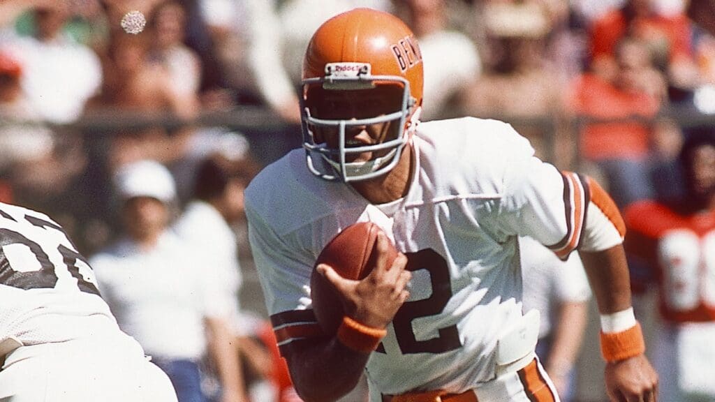 Cincinnati Bengals quarterback Jack Thompson (12) in action against the New England Patriots at Riverfront Stadium.