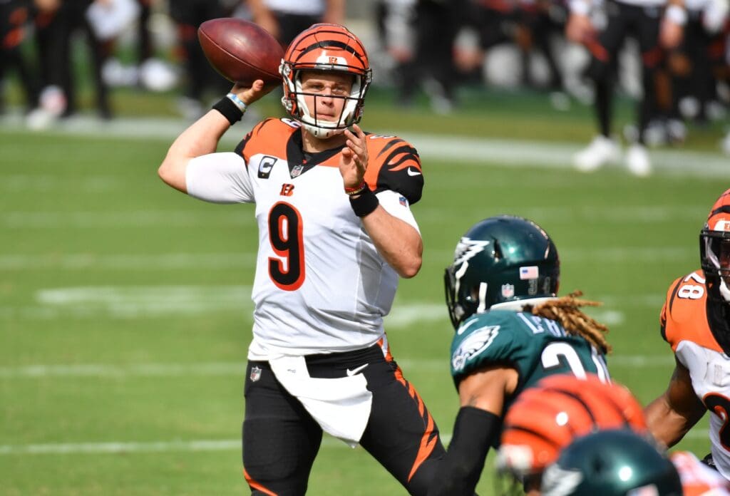 Sep 27, 2020; Philadelphia, Pennsylvania, USA; Cincinnati Bengals quarterback Joe Burrow (9) throws a touchdown pass during the second quarter against the Philadelphia Eagles at Lincoln Financial Field