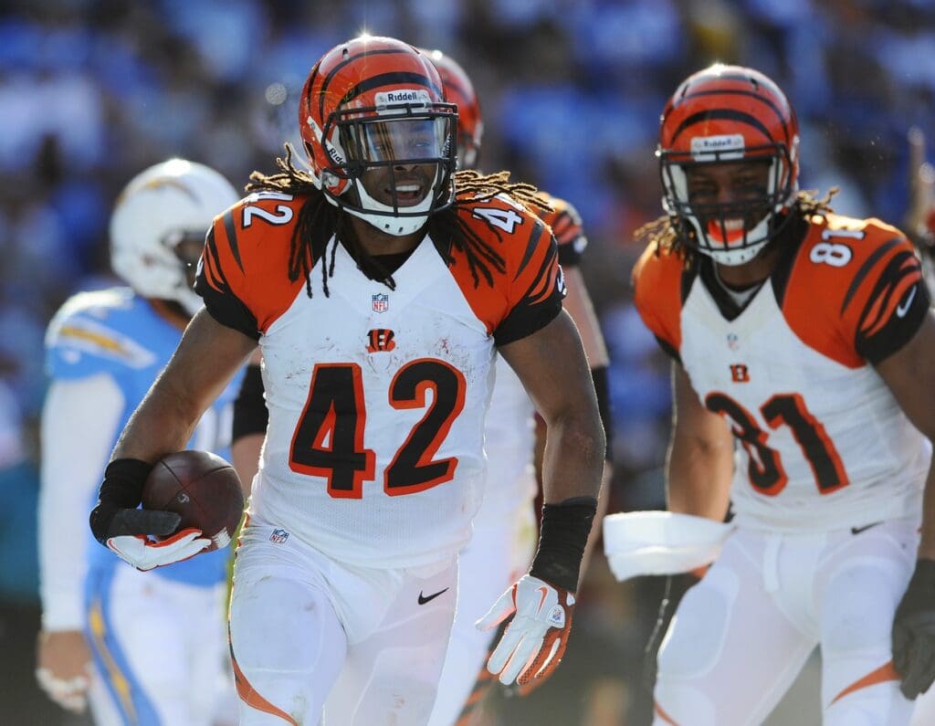 Cincinnati Bengals running back BenJarvus Green-Ellis (42) celebrates after a touchdown during the first half against the San Diego Chargers at Qualcomm Stadium.