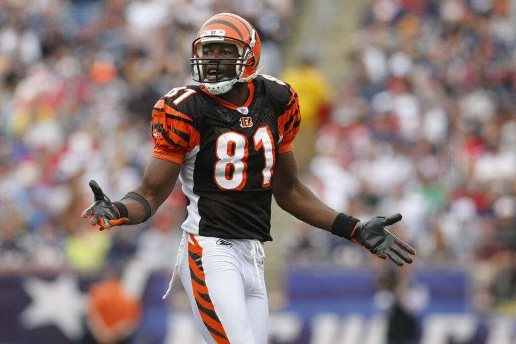 Sep 12, 2010; Foxboro, MA, USA; Cincinnati Bengals wide receiver Terrell Owens (81) looks to the bench after missing a pass during the second half against the New England Patriots at Gillette Stadium. The Patriots defeated the Bengals 38-24.