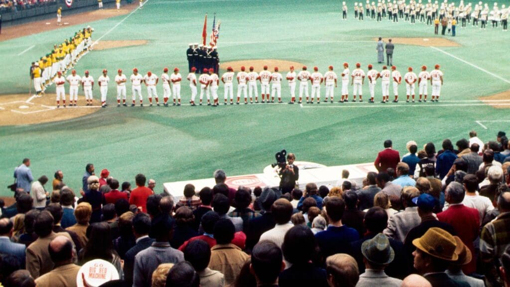 Oct 14, 1972; Cincinnati, OH, USA; FILE PHOTO; Oakland Athletics and Cincinnati Reds line up during the opening ceremonies of the 1972 World Series at Riverfront Stadium.