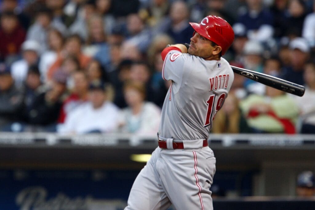 May 24, 2008; San Diego, CA, USA; Cincinnati Reds first baseman Joey Votto (19) hits a two run homerun in the second inning against the San Diego Padres at Petco Park.