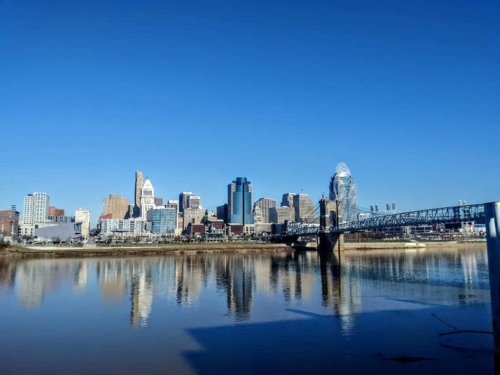 Cincinnati, Ohio, and the Ohio River in December 2021 taken from Covington, Kentucky, outside of the Embassy Suit
