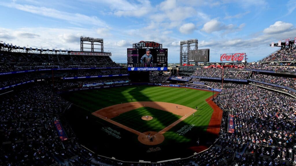 May 31, 2025; New York City, New York, USA; General view of Citi Field as Colorado Rockies relief pitcher Victor Vodnik (38) pitches to New York Mets first baseman Pete Alonso (20) during the seventh inning